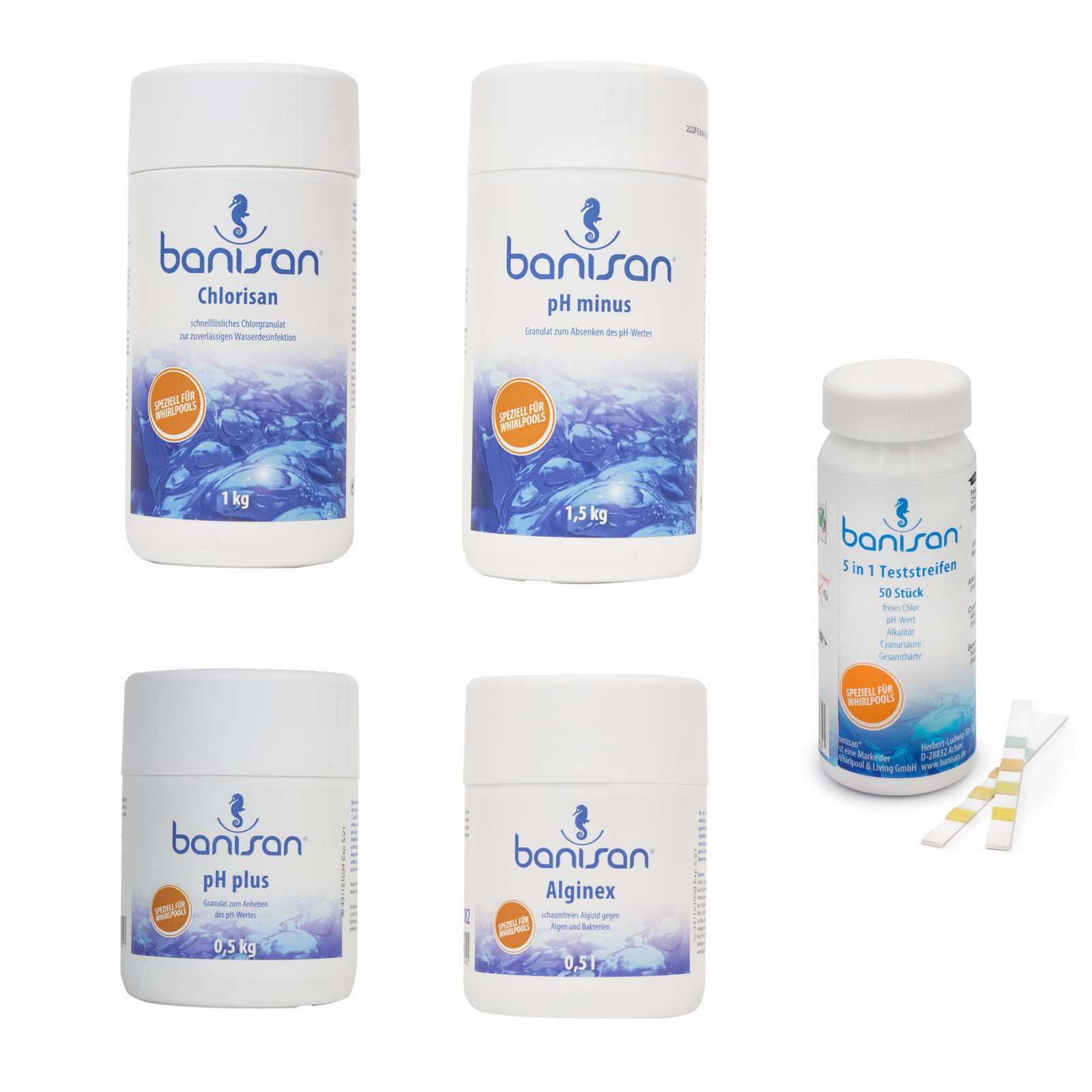 Banisan Wasserpflegeset Chlorisan pH Minus pH Plus Alginex inkl. Teststreifen Banisan Wasserpflegeset Chlorisan pH Minus pH Plus Alginex inkl. Teststreifen