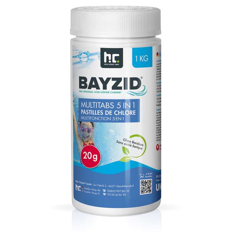 BAYZID® Multitabs 1 kg 5 in 1 Multifunktionstabletten 20 g Chlortabletten für Pools und Whirlpools