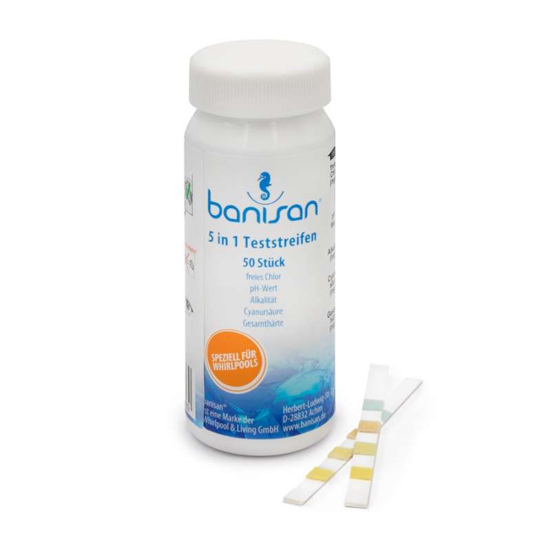 Banisan Teststreifen 50 Stück 5 in 1 für Chlor, pH, Gesamtalkalität, Cyanursäure und Gesamthärte