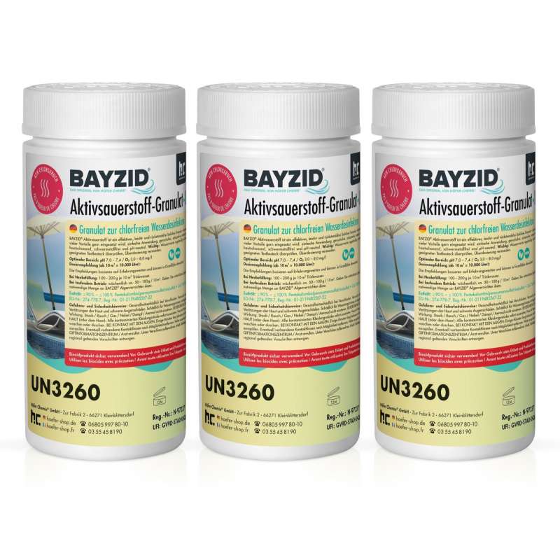 BAYZID® Aktivsauerstoff Granulat 3x 1 kg Chlorfreie Wasserdesinfektion für Pools und Whirlpools