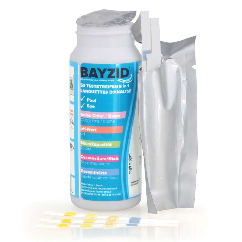 BAYZID® 5 in 1 Teststreifen 50 Stück zur Messung von pH Wert Chlor für Pools und Whirlpools