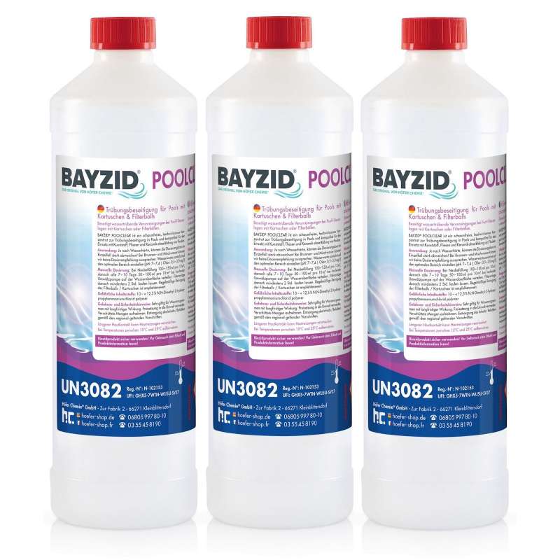BAYZID® Poolclear 3x 1 L Trübungsbeseitigung Klarmacher für Pools und Whirlpools Klareffekt
