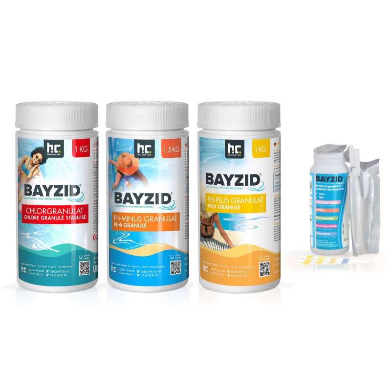 BAYZID® Wasserpflege Set mit Chlorgranulat, pH Minus, pH Plus und Teststreifen Poolstarter Set
