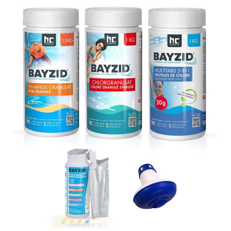 BAYZID® Pool Starterset mit Chlorgranulat, Multitabs, pH Minus, Teststreifen, Dosierschwimmer